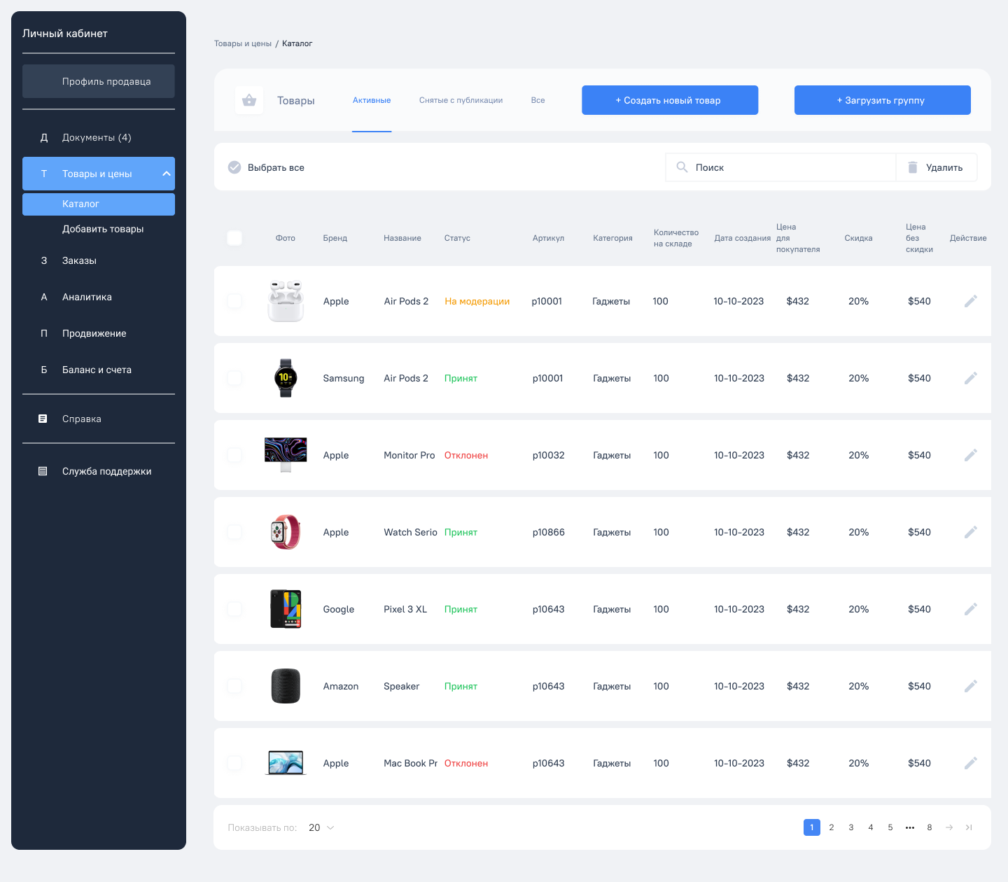 Админ панель — Товары и цены, Каталог
