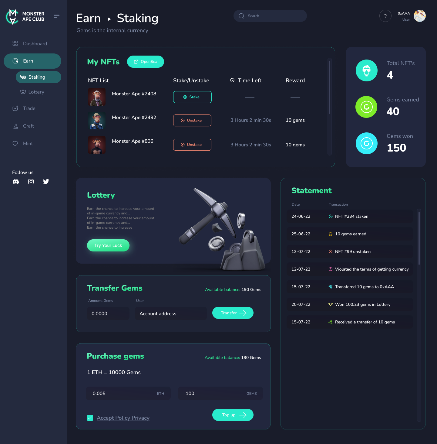 Страница заработка, стейкинга и переводов